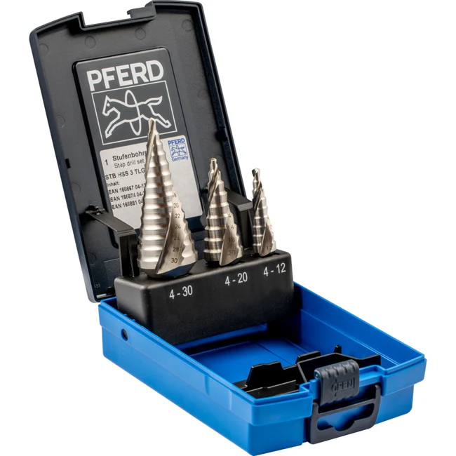 PFERD HSS Step Drill Set: 3 Pcs (4-12mm(9 steps)& 4-20mm (9 steps) & 4-30mm (14 steps)